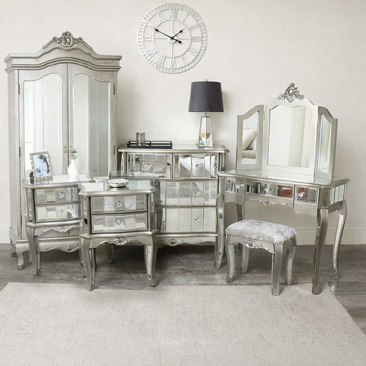  Silver Mirrored Double Wardrobe, Chest of Drawers, Dressing Table Set & Bedside Tables - Tiffany Range 
