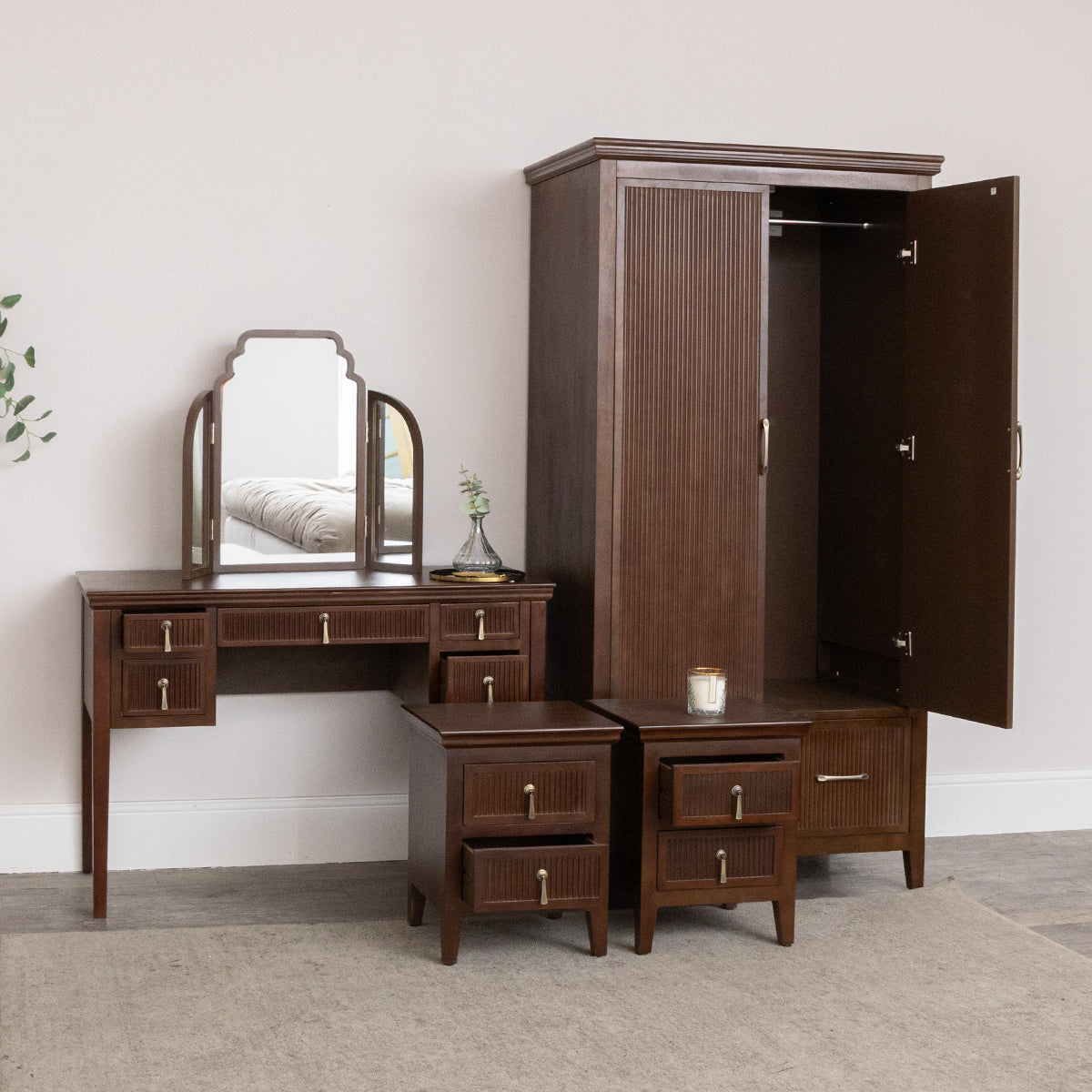 Dark Brown Wooden Reeded Wardrobe, Dressing Table, Mirror Set & Pair o Dark Brown Wooden Reeded Wardrobe, Dressing Table, Mirror Set & Pair o