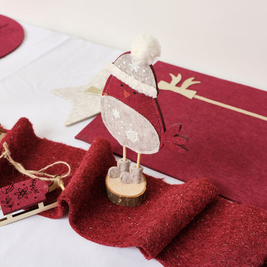  Red Felt Robin Standing Decoration with Wooden Base - 22cm 