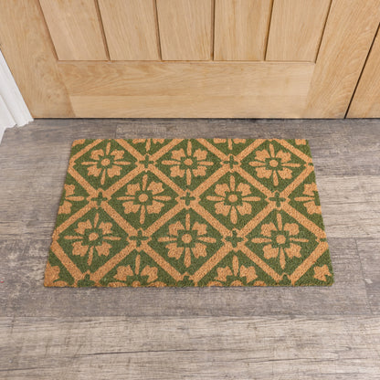 Green & Natural Geometric Tile Print Coir Door Mat