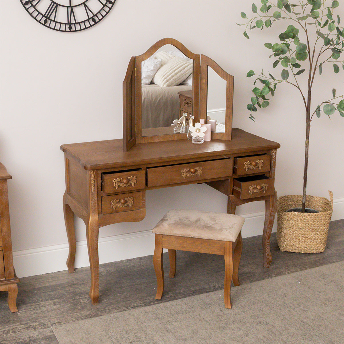Wooden Dressing Table Desk with Triple Mirror and Stool - Pays Du Bois Range