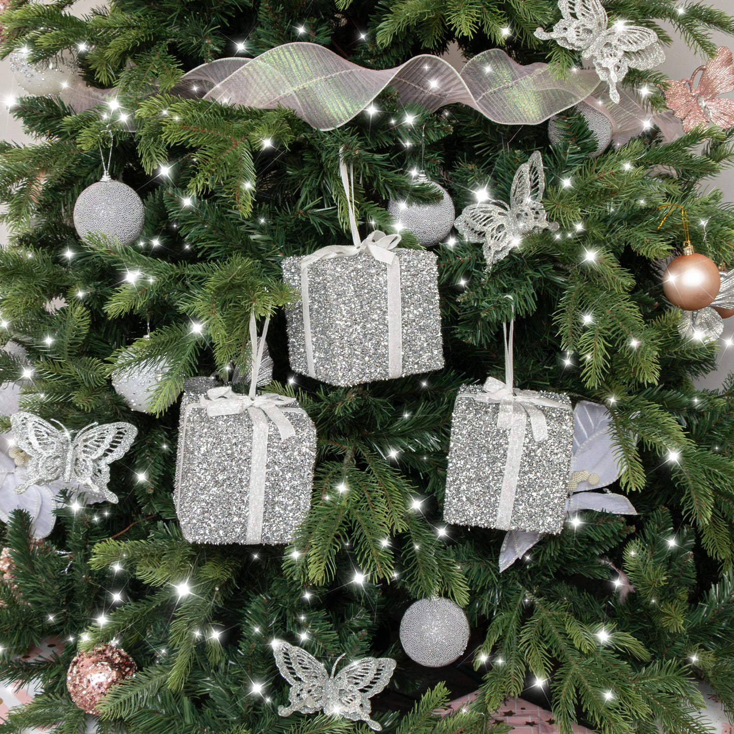 Set Of 3 Silver Tinsel & White Ribbon Christmas Present Tree Decorations