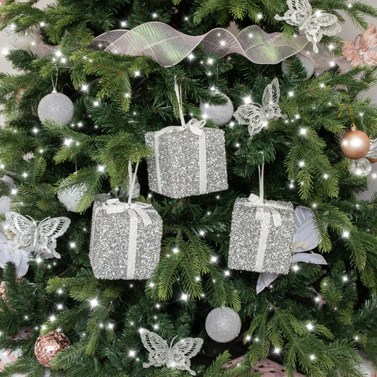  Set Of 3 Silver Tinsel & White Ribbon Christmas Present Tree Decorations 
