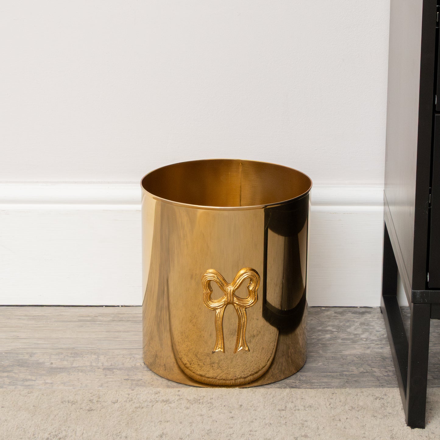 Round Shiny Gold Metal Bow Waste Bin