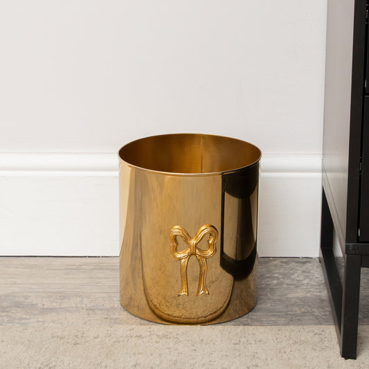  Round Shiny Gold Metal Bow Waste Bin 