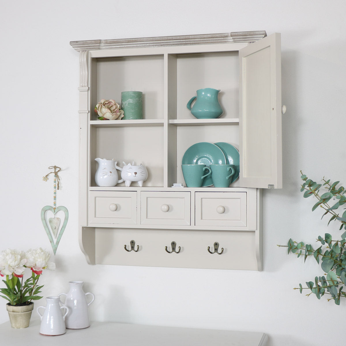 Cream Wall Mounted Cupboard with hooks - Lyon Range