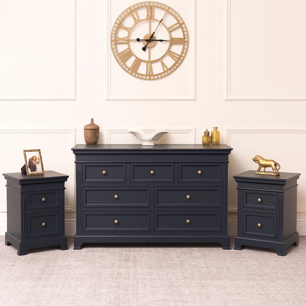 Large Navy Black 7 Drawer Chest of Drawers & Pair of Bedside Tables - Daventry Navy Black Range