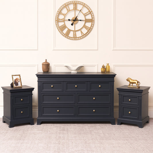  Large Navy Black 7 Drawer Chest of Drawers & Pair of Bedside Tables - Daventry Navy Black Range 