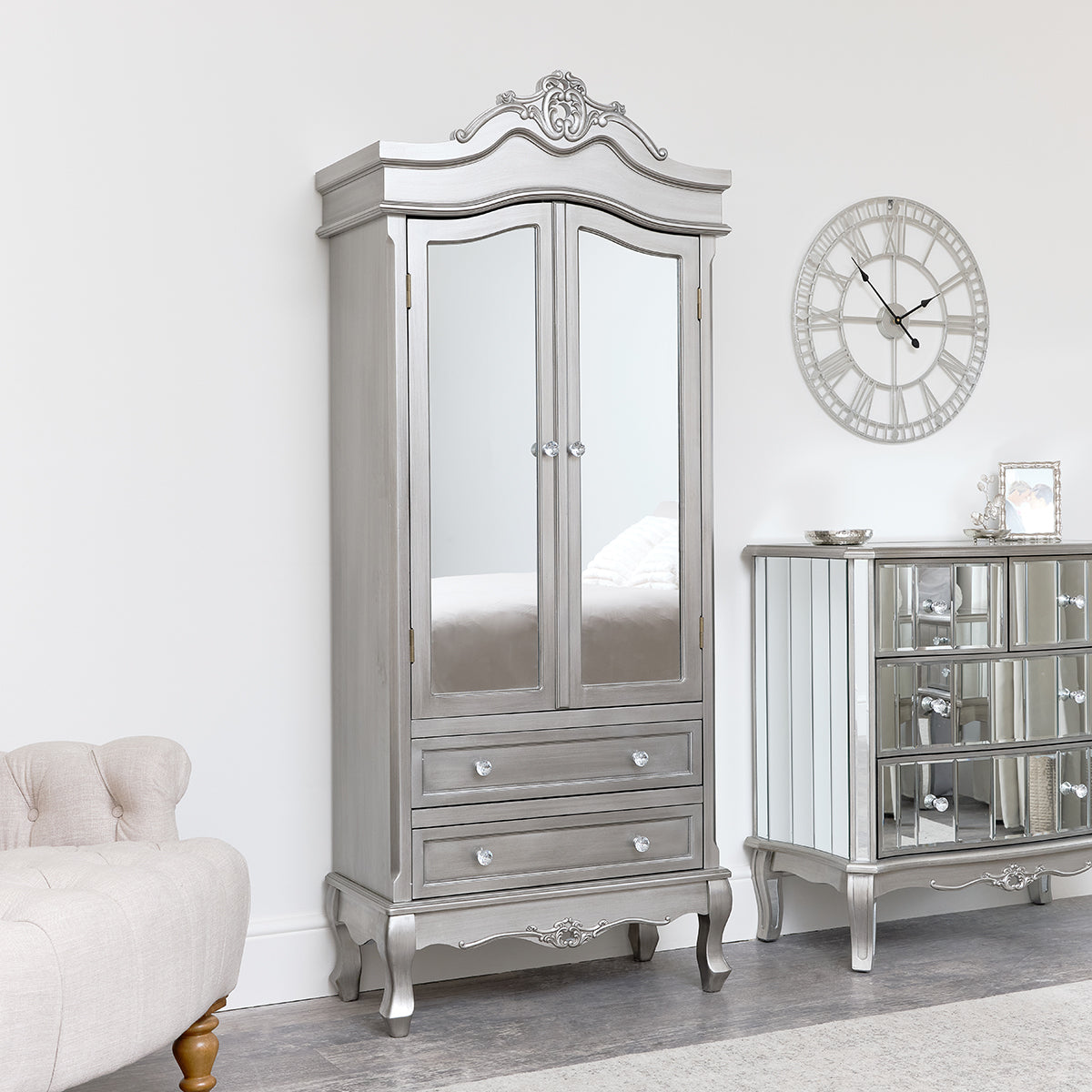 Mirrored Closet, Chest of Drawers & Pair of 3 Drawer Bedsides - Tiffany Range