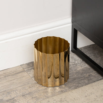 Medium Shiny Gold Metal Fluted Planter / Waste Bin - 16cm