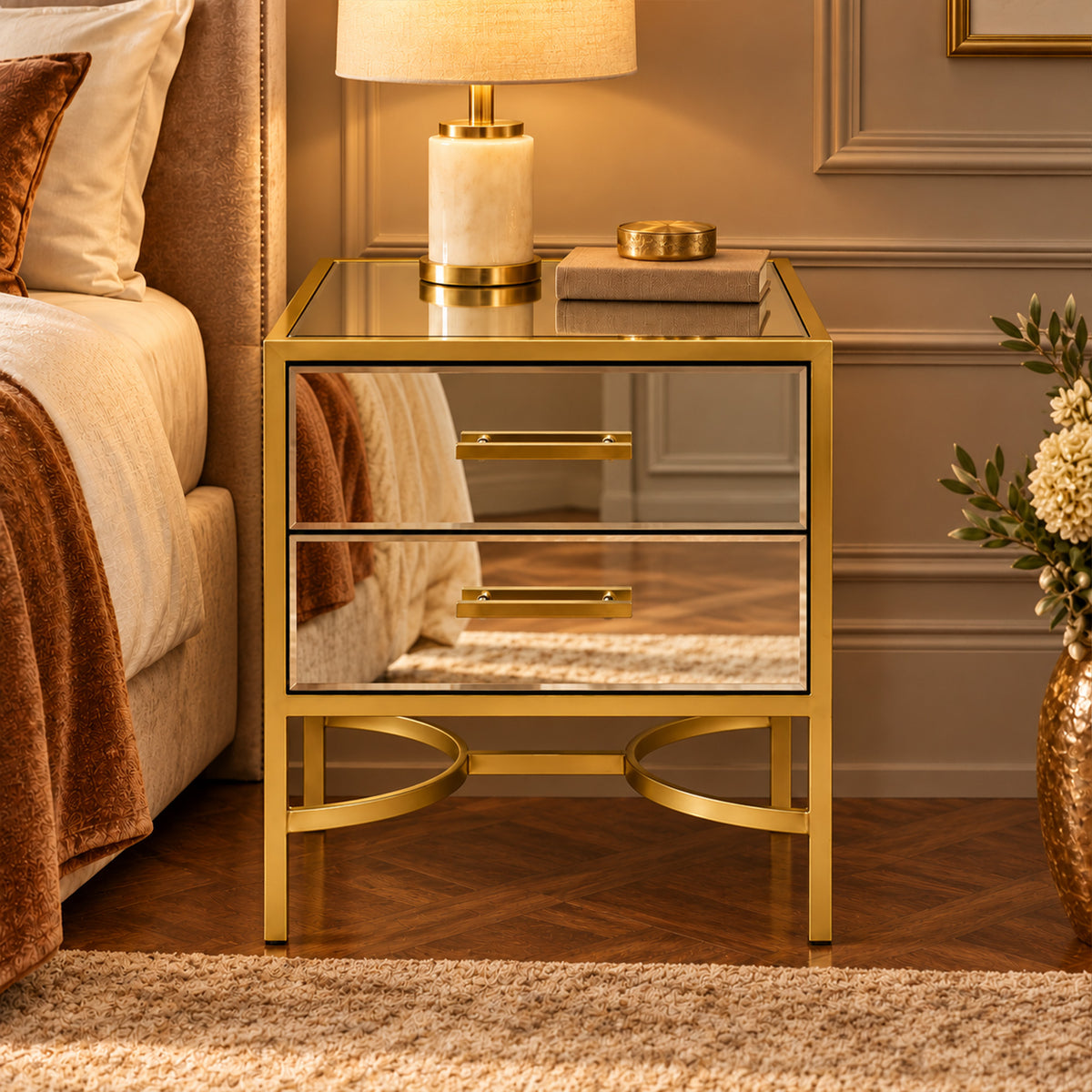 Gold Mirrored 2 Drawer Bedside Table - Venus Range
