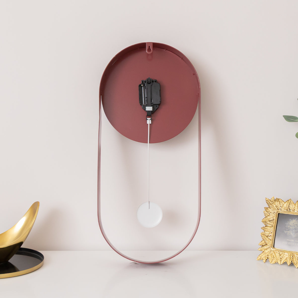 Raspberry Red & Gold Pendulum Metal Analogue Wall Clock - 20cm x 55cm