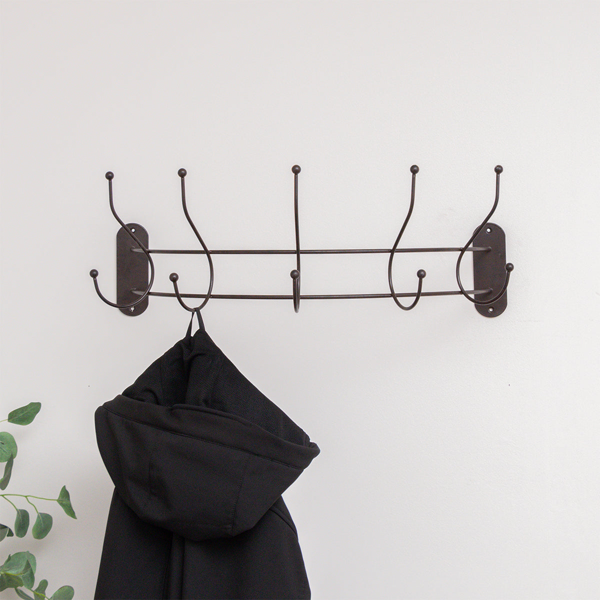 Antique Dark Bronze Curved Coat Hanger Rail with 5 Storage Hooks - 60cm
