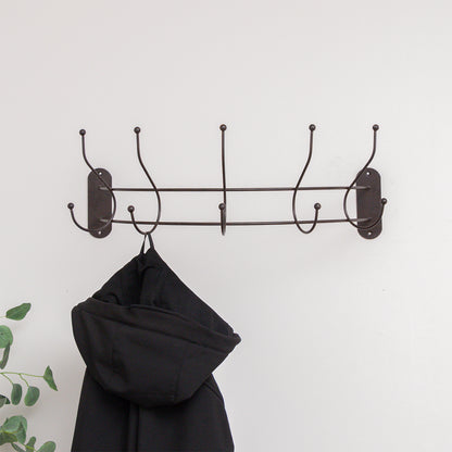 Antique Dark Bronze Curved Coat Hanger Rail with 5 Storage Hooks - 60cm