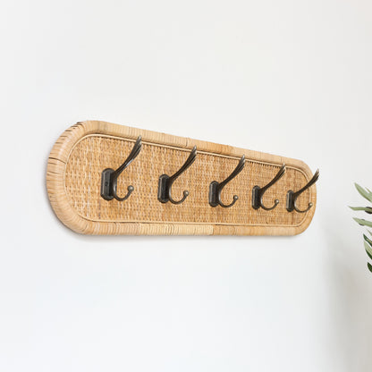 Large Black & Wooden Rattan Wall Hooks