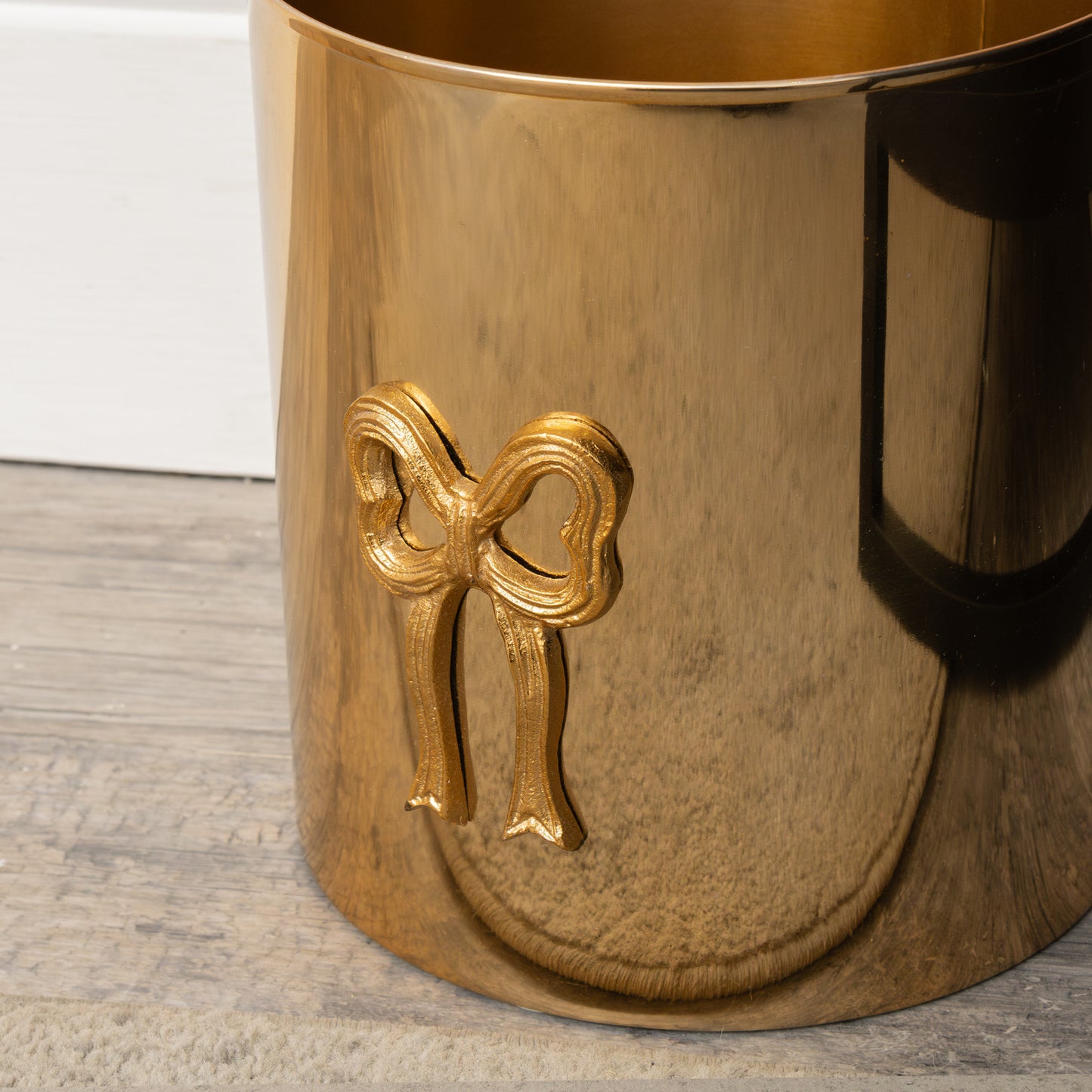 Round Shiny Gold Metal Bow Waste Bin
