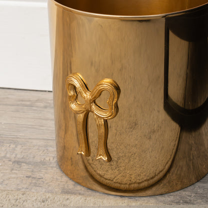 Round Shiny Gold Metal Bow Waste Bin