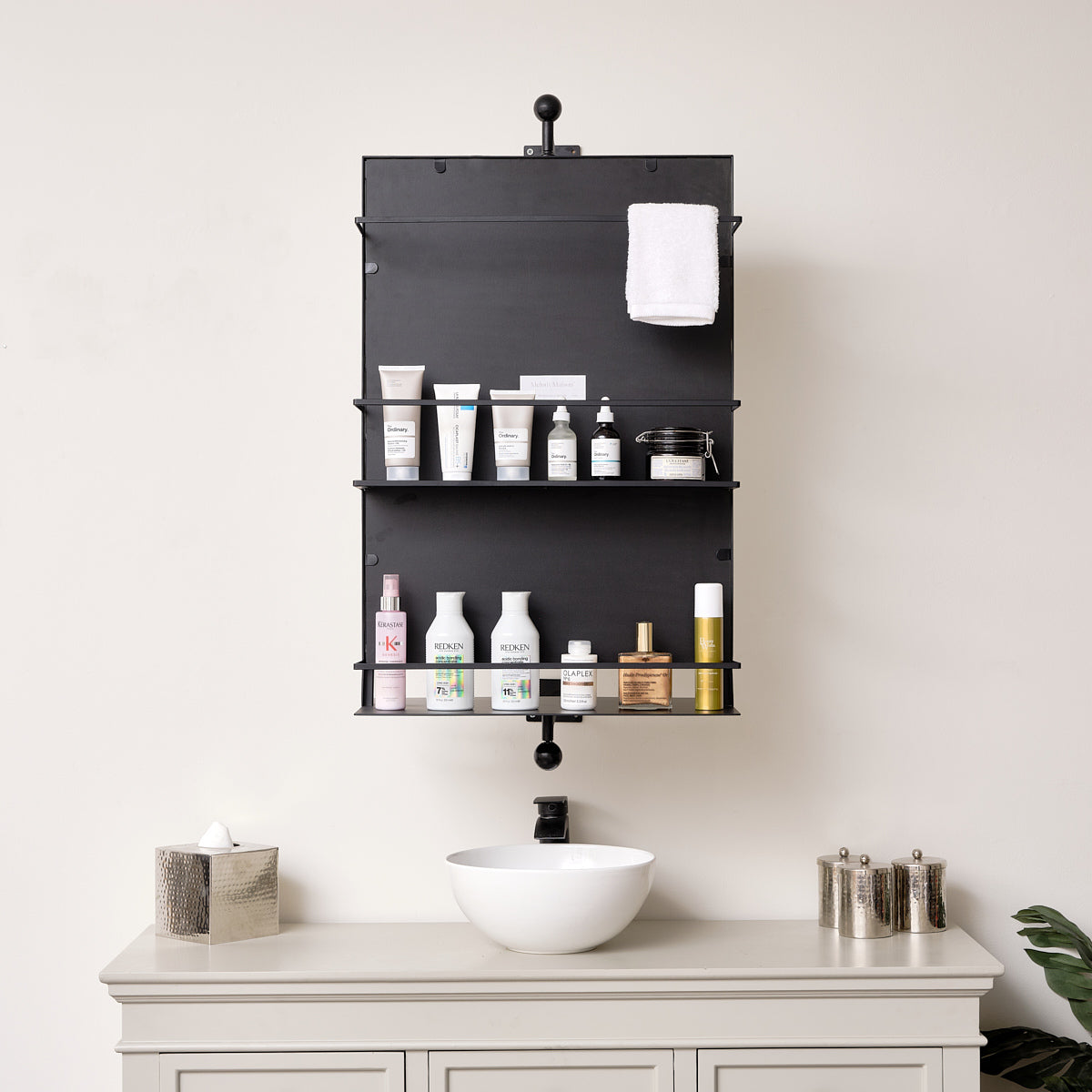 Large Black Rotating Metal Storage Shelf Wall Mirror - 94cm x 51cm