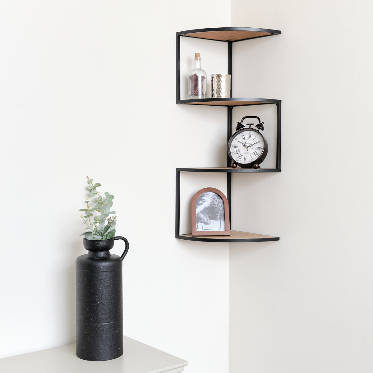 Black & Wooden 4 Tier Corner Wall Shelf