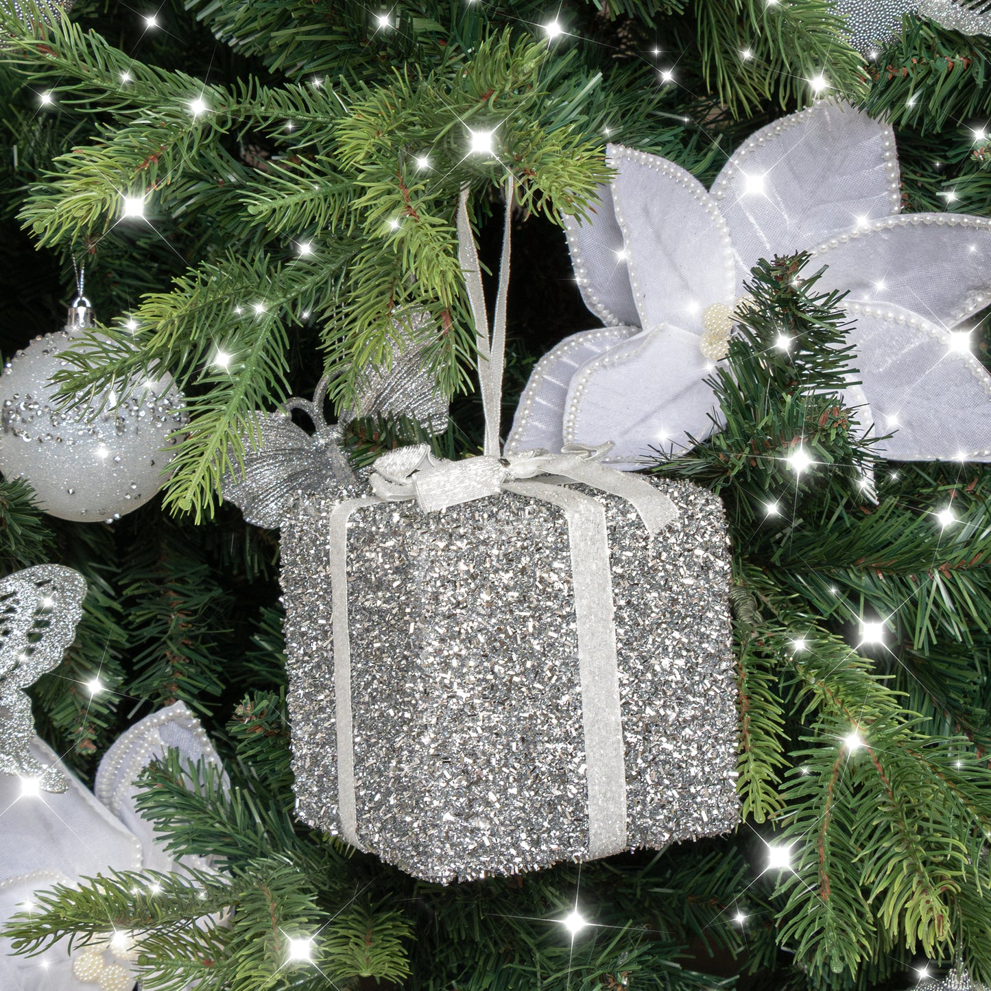 Set Of 3 Silver Tinsel & White Ribbon Christmas Present Tree Decorations