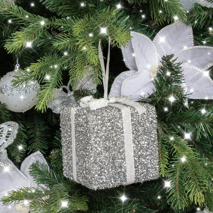 Set Of 3 Silver Tinsel & White Ribbon Christmas Present Tree Decorations