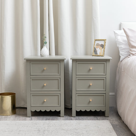  Pair of Scalloped 3 Drawer Bedside Tables  - Staunton Taupe Range 