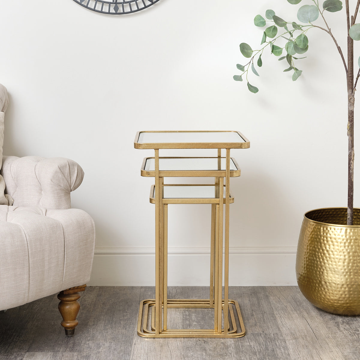 Set of 3 Gold Mirrored Square Side Tables