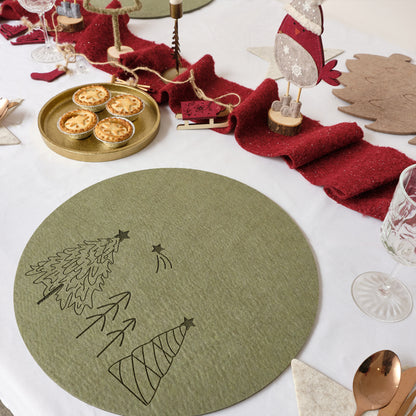 Set of 4 Green Round Felt Placemats with Tree Detail