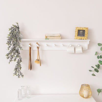 Large White Washed Mango Wooden Wall Shelf with Hooks - 100cm