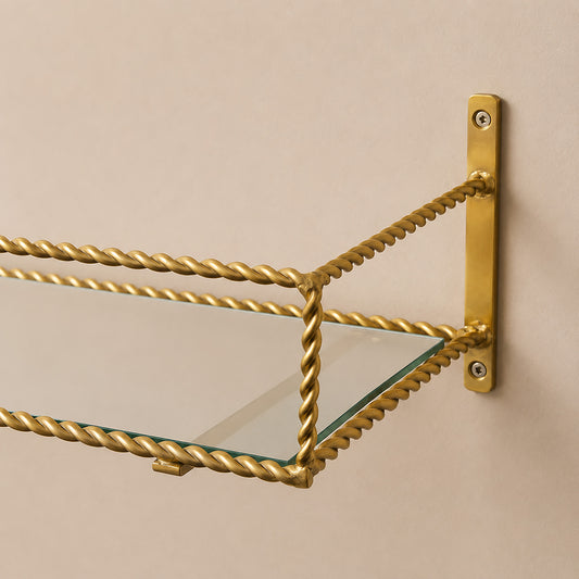  Large Gold Twisted Rope Design Wall Shelf with Frosted Glass Shelf 