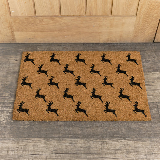  Black Reindeer Detail PVC Backed Coir Doormat 60cm x 40cm 