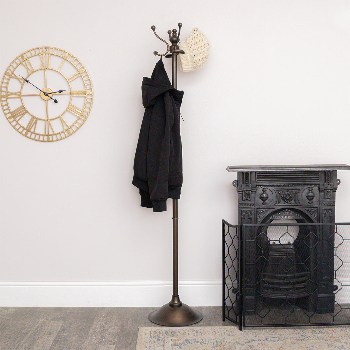 Tall Dark Metal Coat Rack with 8 Storage Hooks