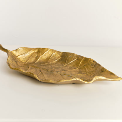 Large Antique Gold Bay Leaf Shaped Trinket Tray - 36cm