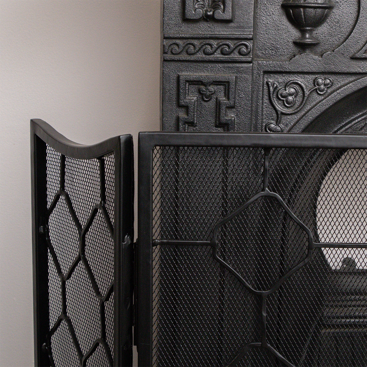Black Geometric Detailed Metal Fire Screen - 106cm x 62.5cm