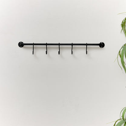 Black Industrial Wall Mounted Rail with 5 Storage Hooks