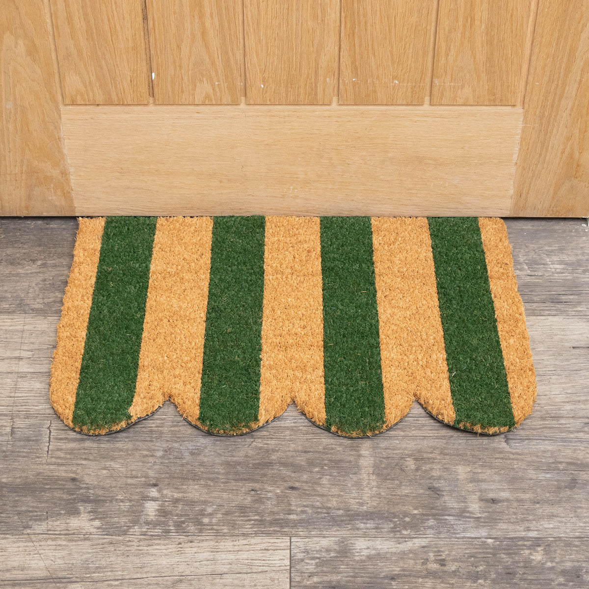 Rectangular Green & Natural Striped Doormat with Scallop Edge