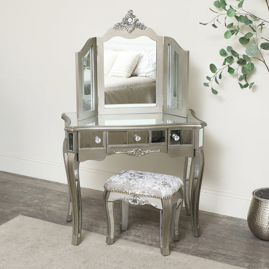  Ornate Mirrored 3 Drawer Dressing Table, Stool and Mirror Bedroom Furniture Set - Tiffany Range 