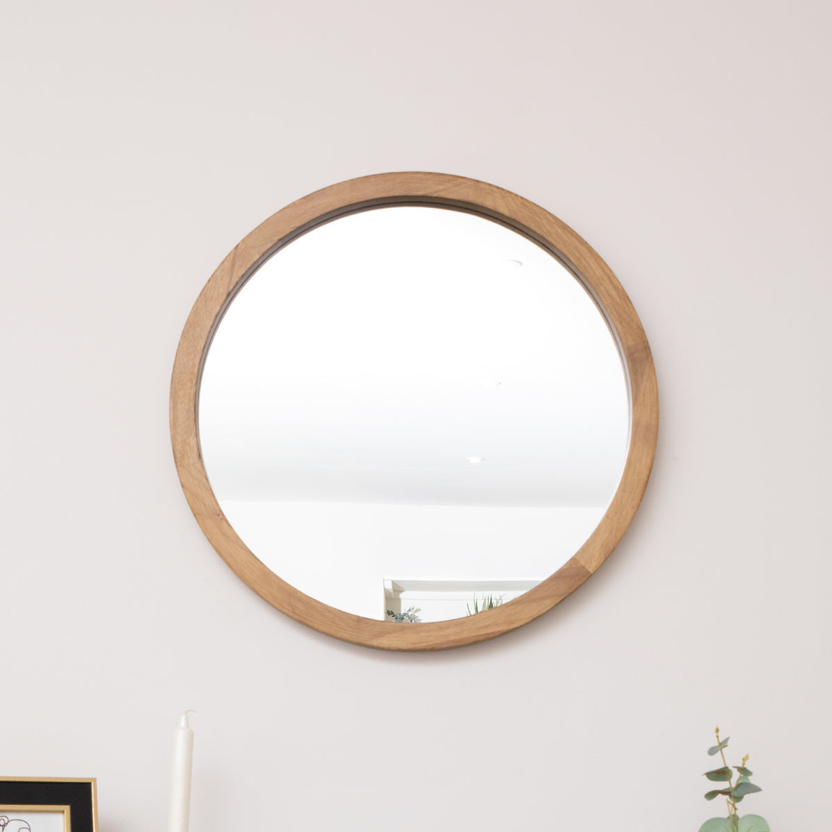 Round Dark Wood Frame Mirror - 55cm