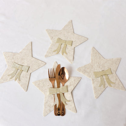 Set Of 4 Beige Star Shaped Felt Cutlery Holders with Champagne Gold Bow