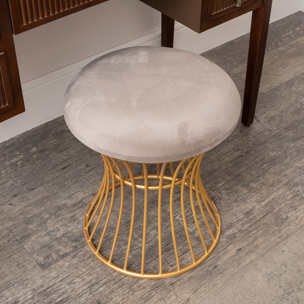 Gold & Grey Metal Detailed Upholstered Dressing Table Stool