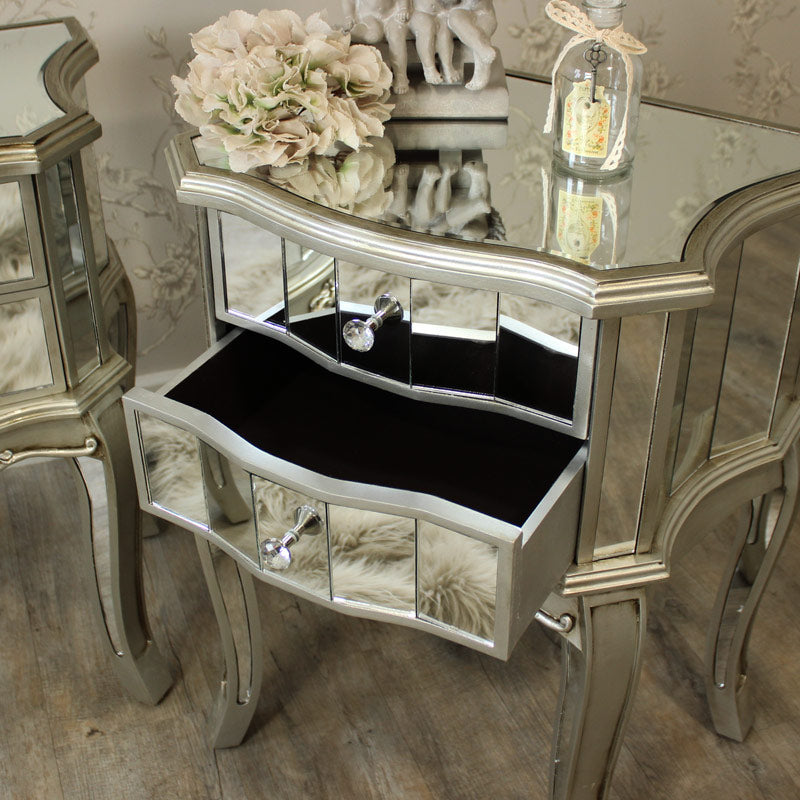Pair of Mirrored 2 Drawer Bedside Tables - Tiffany Range