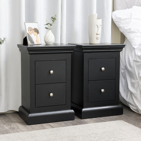  Pair of Black 2 Drawer Bedside Tables - Slimline Haxey Black Range 