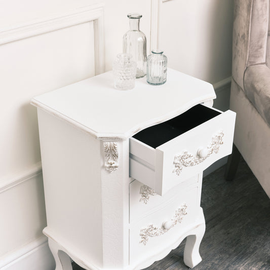  Antique White 3 Drawer Bedside Table - Pays Blanc Range 
