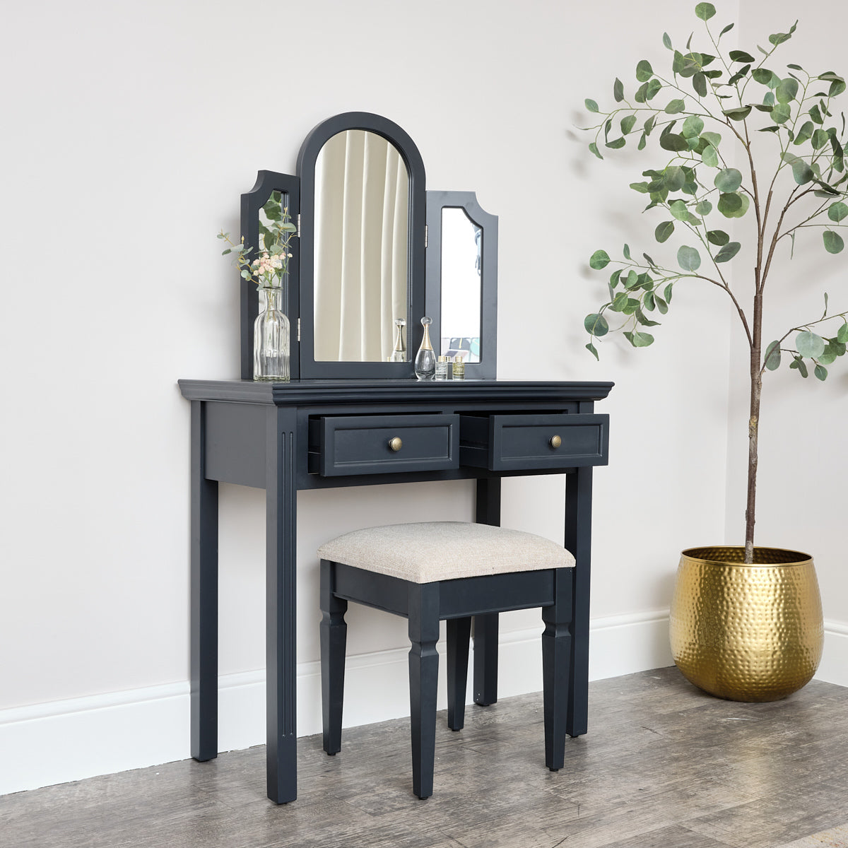 Large Dressing Table, Mirror & Stool Set - Daventry Navy Black Range
