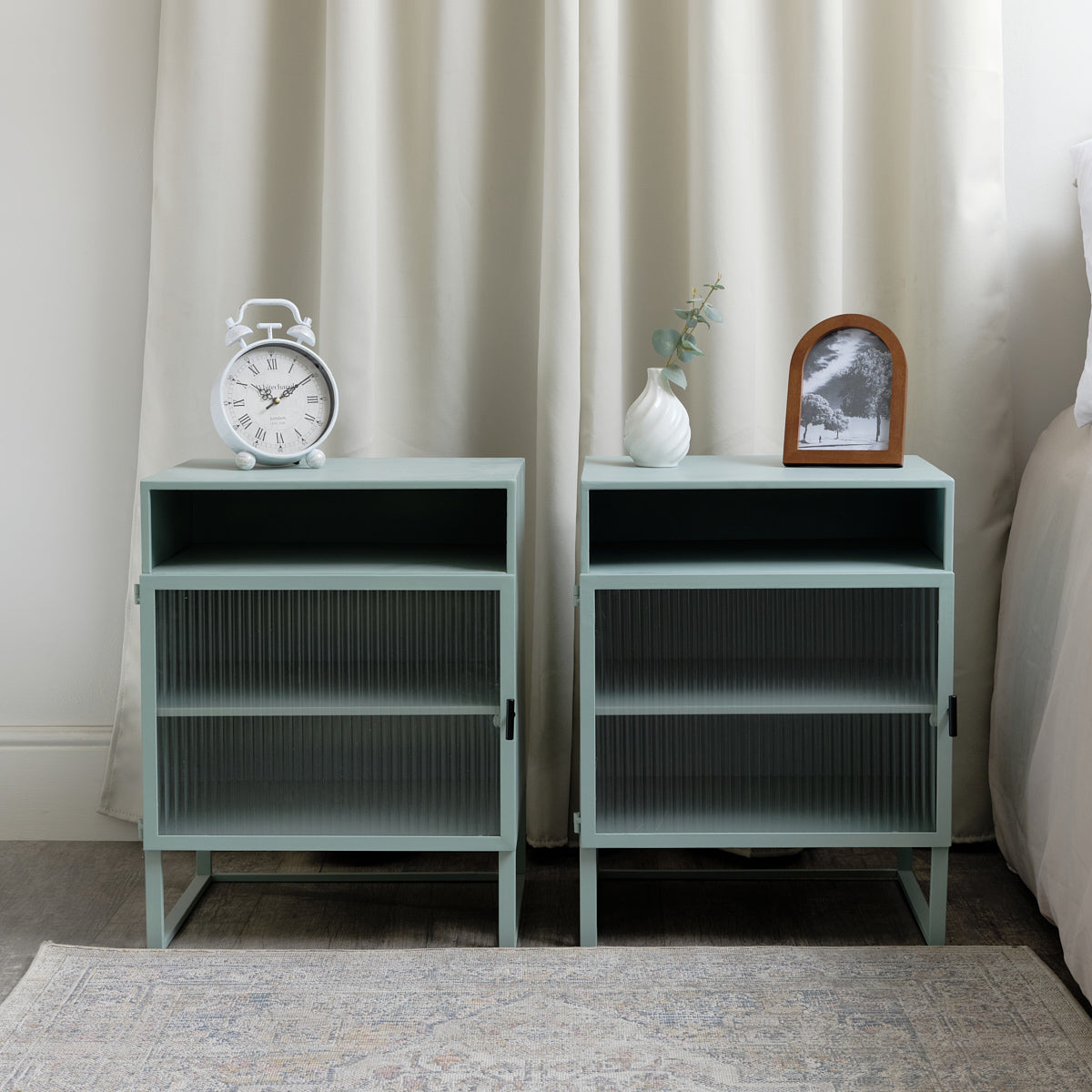 Pair of Pale Blue Reeded Glass Bedside Tables