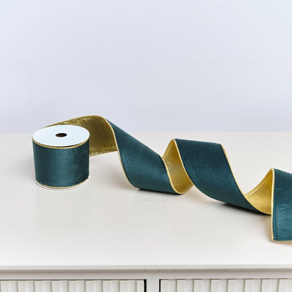 Large Green & Gold Velvet Wired Ribbon Garland - 270cm