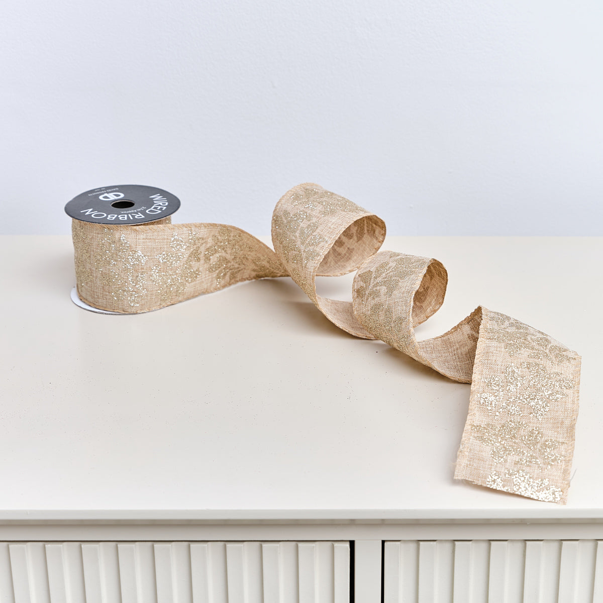 Large Pale Champagne Floral Glittered Wired Ribbon Garland - 270cm