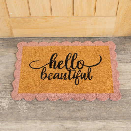  "Hello Beautiful" Pink Scalloped Coir Doormat 