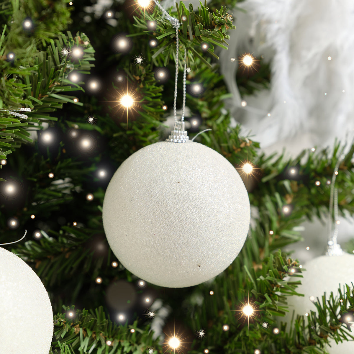 Set of 3 White Beaded Baubles - 8cm