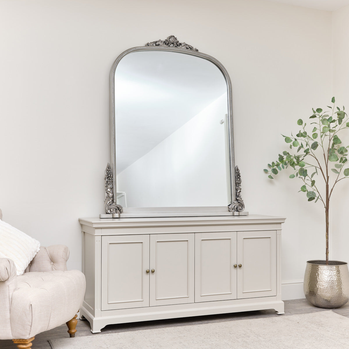 Extra Large Arch Antique Silver Ornate Overmantle Mirror - 152cm x 128cm